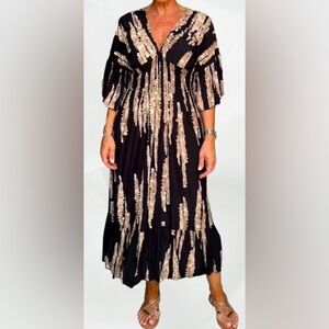 NEW - GlamMidis - Abstract-print V-neck Midi Dress. Large. Black